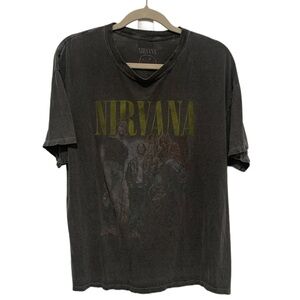 Vintage Nirvana Black Graphic Band Tee with Faded Yellow Logo